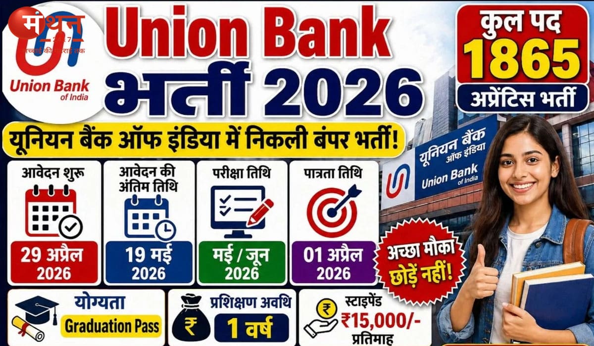 देशभर में यूनियन बैंक में अप्रेंटिस के 1865 पदों पर भर्ती, 19 मई तक आवेदन का मौका