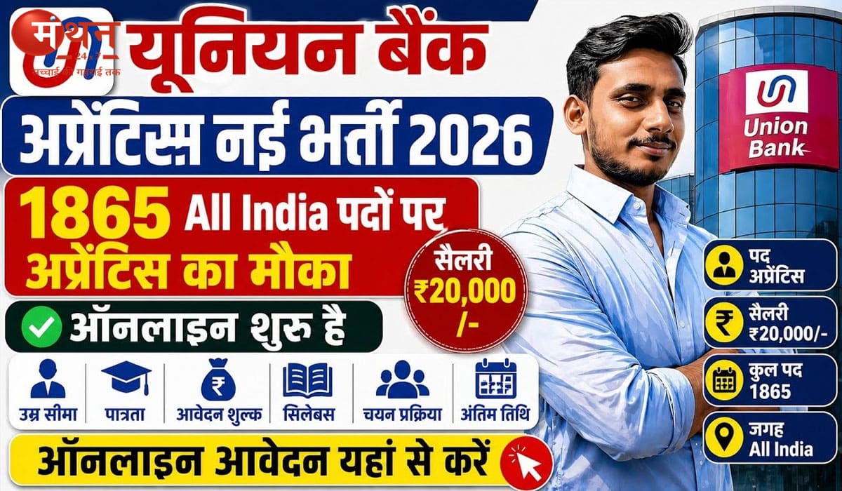 यूनियन बैंक अप्रेंटिस भर्ती 2026: आवेदन की अंतिम तारीख नजदीक, 1865 पदों पर जल्द करें अप्लाई