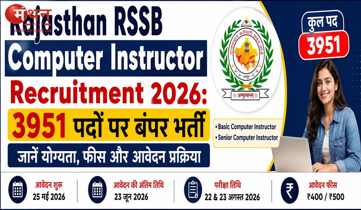 राजस्थान में कंप्यूटर इंस्ट्रक्टर भर्ती 2026 के लिए आवेदन शुरू, 3951 पदों पर होगी नियुक्ति, जानें योग्यता, फीस और पूरी प्रक्रिया